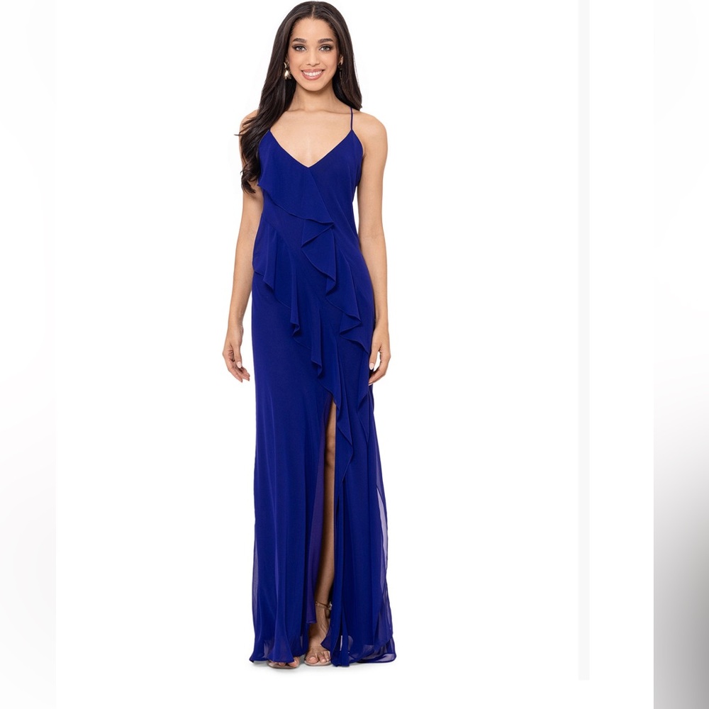 Betsy & Adam Blue Spaghetti Strap Ruffle Evening Dress‎ Gown Size 6
